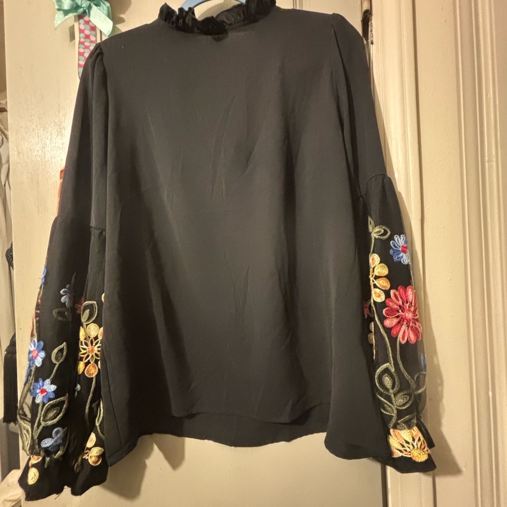 SHEIN Black Sheer Flowy Blouse with Colorful Lantern Embroidered Floral Sleeves - Picture 7 of 17